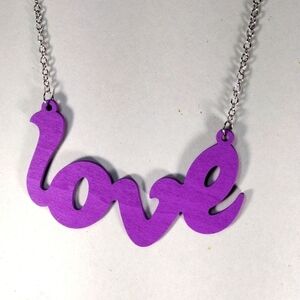 Women's Stunning Polished Silver tone Purple " LOVE " Design Long Necklace - 34"